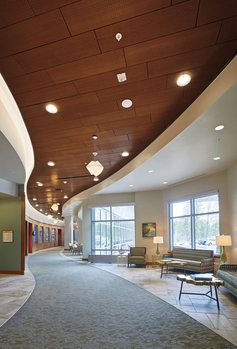 Sloped Ceiling Lighting, Office Building Lobby, Office Ceiling Design, Drop Down Ceiling, Office Design Inspo, Wood Ceiling Panels, Church Lobby, Ceiling Solutions, Interior Design Classes