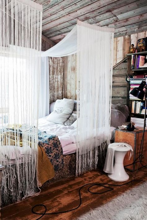 Love the rough/refined juxtapositions between Scando-ski chalet and luxe fabric, rich wood, etc... Bohemian Chic Bedroom, Chic Bedroom Design, Boho Chic Bedroom, Bohemian Bedroom Decor, Bohemian Bedroom, Interior Design Magazine, Canopy Bed, Decoration Inspiration, Bedroom Boho