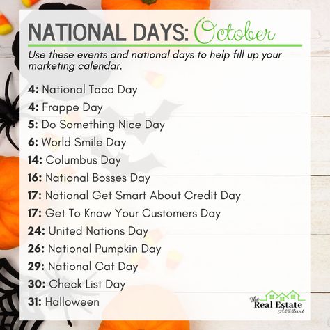 Keep your marketing calendar full all month long with these National Days in October 2019!! 🌮☕😁🎃✔️👻  . . . . . . #NationalDays2019 #NationalDays #OctoberFoodHolidays #OctoberHolidays #MarketingCalendar #NationalTacoDay #FrappeDay #WorldSmileDay #BossesDay #UnitedNationsDay #NationalPumpkinDay #CheckListDay #Halloween National Days In October, National Celebration Days, Monthly Holidays, Monthly List, National Holiday Calendar, Fun Calendar, October Days, United Nations Day, Silly Holidays