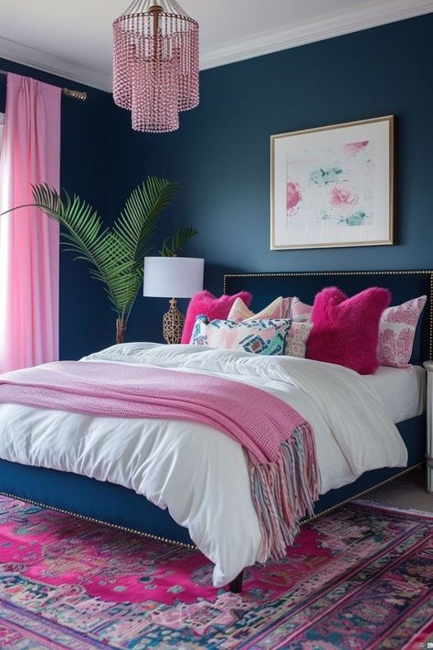 Elegant Pink Bedroom, Bedroom Interior Colour, Bedroom Color Scheme Ideas, Blue And Pink Bedroom, Black And White Living Room Decor, Color Scheme Ideas, Bold Bedroom, Pink Bedroom Ideas, Black And White Living Room