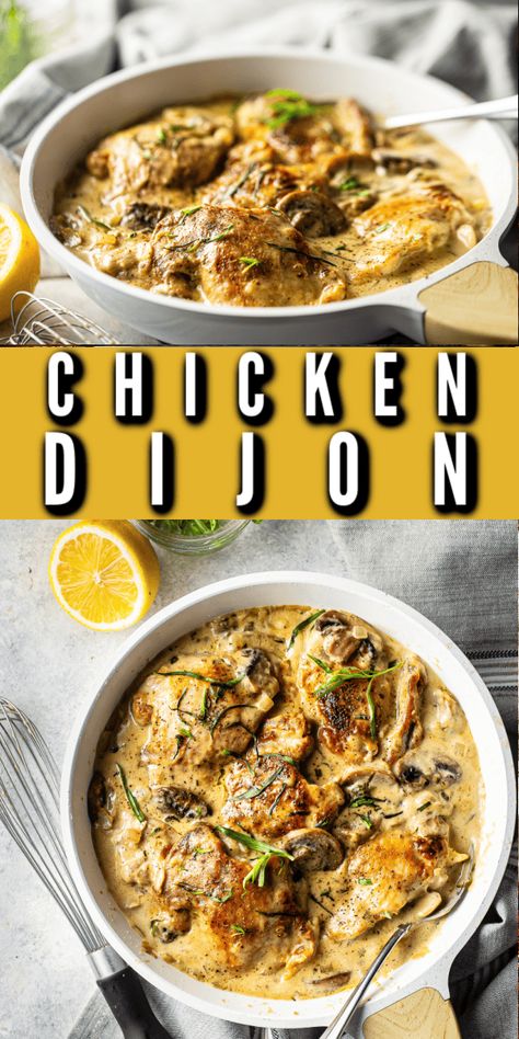 This easy chicken Dijon recipe is a real family favorite! Made in just one pan with chicken thighs, mushrooms, herbs, and lemon in a creamy mustard sauce. Quick to make and perfect for busy weeknights. Cheesy Mustard Chicken, Chicken In Mustard Sauce, Chicken Thighs Mushroom Recipes, Macro Friendly Chicken Thigh Recipes, Lemon Chicken Thighs Baked, Chicken Thigh Recipes With Mushrooms, Chicken One Pot Recipes, Chicken Dijon Recipes, Dijon Mustard Chicken Thighs