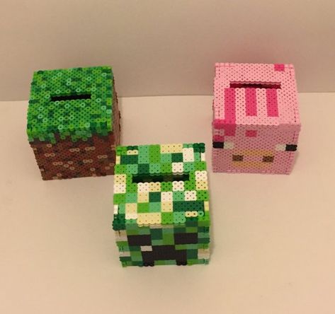 Minecraft Creeper, Pig, or Grass Perler Bead Box, Piggy Bank, or Nightlight Minecraft Pig, 3d Perler Bead, Beads Design, Hama Beads Design, Block Craft, Minecraft Party, Diy Perler Beads, Minecraft Crafts, Beaded Boxes