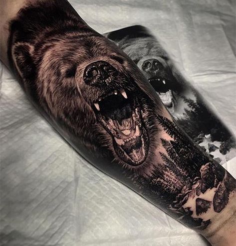 Grizzly Bear Tattoos, Best 3d Tattoos, Animal Tattoos For Men, Bear Tattoo Designs, Animal Sleeve Tattoo, Nature Tattoo Sleeve, Skull Sleeve, Forarm Tattoos, Forest Tattoos