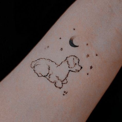 Dog Cloud Tattoo, Toy Poodle Tattoo Outline, Maltese Dog Tattoo Ideas, Stuffed Dog Tattoo, Small Poodle Tattoo, Kawaii Dog Tattoo, Bernedoodle Tattoo, Dog Tattoo Poodle, Luna Dog Tattoo