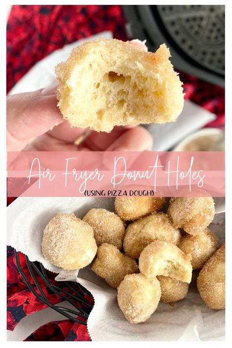 Air Fryer Donut Holes (using Pizza Dough)...an easy, quick donut hole recipe! Just 5 minutes in the air fryer, then dipped in butter and cinnamon and sugar. Air Fryer Donut Holes, Using Pizza Dough, Donut Hole Recipe, Pizza Dough Recipe, Donut Holes, Delicious Pizza, Insta Pot, Pizza Recipes Dough, 2 Ingredient