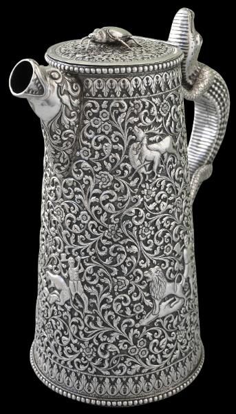 Indian Colonial Silver, Cutch Lion Attacking, Silver Jug, Aluminum Foil Art, Silver Pooja Items, Silver Teapot, Antique Silverware, Silver Water, Silver Ornaments, Silver Tea