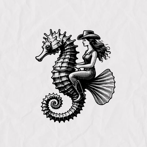 Coastal Cowgirl. Yee-haw! #DeepBlueCollection #MarineLife #OceanArt #ComingSoon #animallover #cowgirl #coastalcowgirl #yeehaw #southernliving #southerngirl #seahorse #oceangirl #oceanlover Trippy Black And White Tattoos, Cowgirl Riding Horse Tattoo, Coastal Cowgirl Tattoo Ideas, Costal Cowgirl Tattoo, Coastal Cowgirl Art, Mermaid Cowboy, Cowgirl With Horse, Mermaid Cowgirl, Cowgirl Mermaid