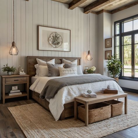 15 Modern Farmhouse Bedroom Ideas – howthingscompare.com Dark Wood Farmhouse Bedroom, Bedding For Wood Bed Frame, Cozy Minimalist Guest Bedroom, Modern Bedroom Ideas For Couples Master Suite, Rustic Bedroom Chandelier, Bedroom Modern Rustic, Guest Room Modern Farmhouse, Modern Farmhouse Bedroom Master Suite Ceiling Lights, Rustic But Modern Home