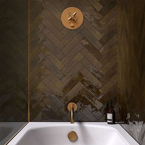 Brown Tile Bathroom, Bronze Tiles, Brown Tile, Gold Home Accessories, Rustic Tile, Topps Tiles, Bronze Bathroom, Brown Bathroom, Brown Walls