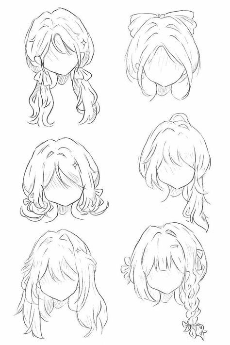 Hairstyle Ideas Sketch, Cute Hair Sketch, Cute Hairstyles Reference, How To Draw Hair Bangs, Hair Poses Drawing, Poses For Women Drawing, Hairstyle For Drawing, Hair Styles Anime Drawing, Hair Reference Drawing Girl