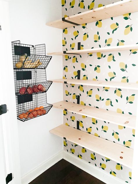 How I Organized Our Pantry In One Weekend With Simple Updates - farmhouseish Kitchen Pantry Wallpaper, Open Pantry Ideas, Pantry Wallpaper, Wood Beaded Chandelier, Ikea Pantry, Open Pantry, White Pantry, Pantry Baskets, Wood Bead Chandelier