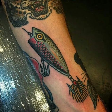 Traditional Fish Tattoo Old School, American Traditional Fish Tattoo, Traditional Tattoo Fish, American Traditional Fishing Tattoo, New School Fish Tattoo, Fishing Lure Tattoo, Tattoo Elements, Grandpa Tattoo, Nautical Tattoos