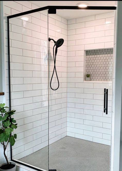 Bathroom Closet Organization Ideas, White Subway Tile Shower, Bathroom Closet Organization, Subway Tile Showers, Closet Organization Ideas, Farmhouse Shower, Master Shower, Bathroom Closet, Bathroom Remodel Shower