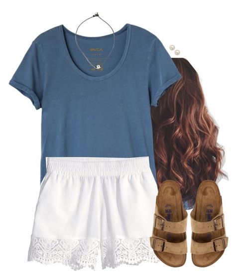 "Blue and white" by aweaver-2 ❤ liked on Polyvore featuring RVCA, H&M, Birkenstock and Honora Dressy Jeans, Spring Outfits For School, Preppy Casual, Casual School Outfits, White Casual, Preppy Outfits, Comfy Outfits, Outfits For Teens, Teen Fashion