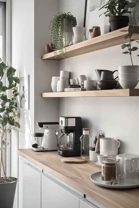 Enjoy a clutter-free coffee corner with a white countertop, walls, and light wood open shelves. A compact espresso machine, white mug, and potted plant create a cozy nook, while the shelves display cups, saucers, and a coffee bean jar. Indulge in simplicity with this clean design. Modern Coffee Corner, Coffee Shelves, Wood Open Shelves, Coffee Corner Kitchen, Coffee Bean Jar, Coffee Shelf, Coffee Counter, Coin Café, White Countertop