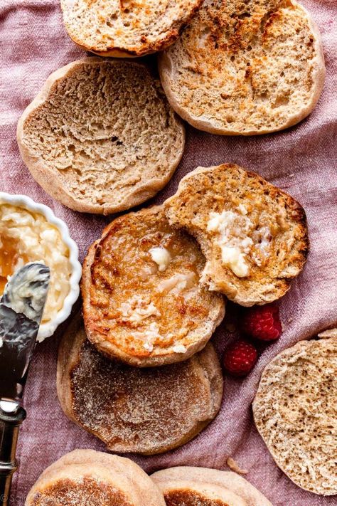 These honey wheat English muffins are completely homemade with a simple 9 ingredient dough. They're soft and craggly inside and flavored with honey, salt, and hearty whole wheat flour. Recipe tutorial on sallysbakingaddiction.com Sallys Baking, English Muffin Recipes, Homemade English Muffins, Recipe Tutorial, Sally's Baking, Honey Wheat, English Muffins, Baking Project, English Muffin