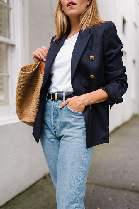 Belted - Julia Berolzheimer Blazer White Dress, Navy Blazer Outfits, Julia Berolzheimer, Blazer White, Belted Midi Dress, Light Blue Jeans, Destroyed Jeans, Cotton Midi Dress, Blazer With Jeans