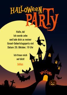 Lustige, gruselige Einladungskarte zur Halloween-Motto-Party zum Kindergeburtstag mit Mond, Gruselschloss, Fledermäusen... #EinladungGeburtstag.de Halloween Snacks For Kids, Halloween Queen, Halloween 1, Halloween Snacks, Monster Party, Halloween 2019, Halloween Invitations, Halloween Kids, A Smile