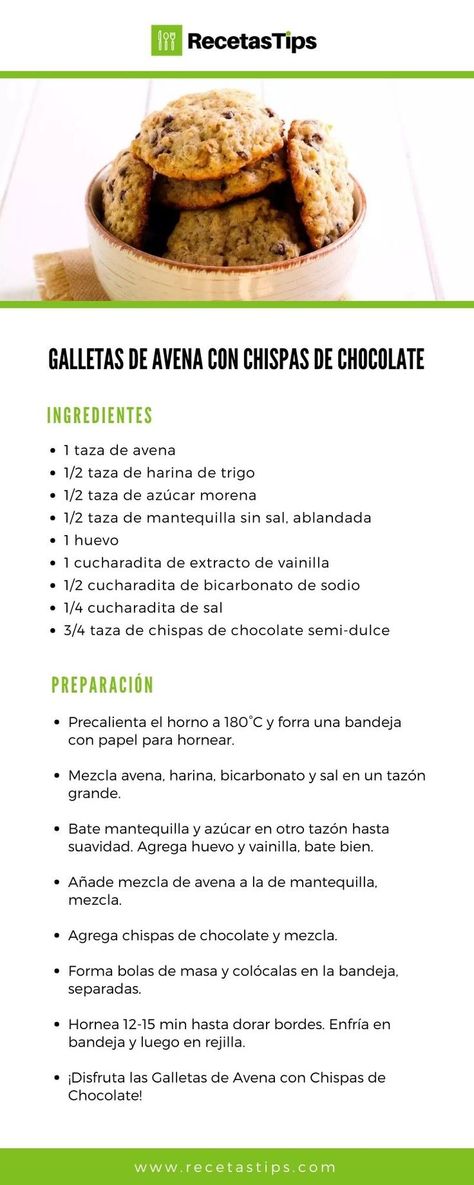 Esta receta te enseñara paso a paso como es la preparacion de unas Galletas de Avena con Chispas de Chocolate. #recetas #recetasdecocina #recetascaseras #recetasfaciles #recetasrapidas #recetasdepostres #postres #dulces #recetafacil #postrefacil #postrecasero #postre