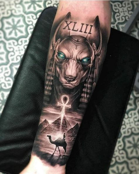 Tattoo Anubis, African Sleeve Tattoo, Egypt Tattoo Design, Tiger Tattoo Sleeve, Egyptian Tattoo Sleeve, Cool Half Sleeve Tattoos, Anubis Tattoo, Mom Tattoo Designs, Clock Tattoo Design