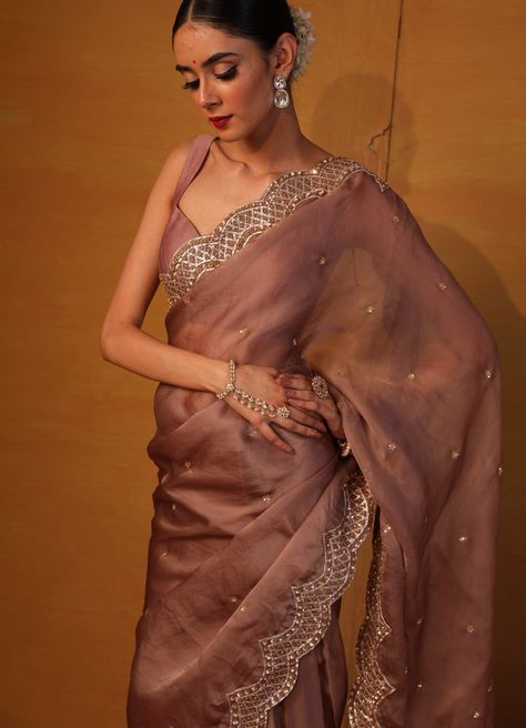 Brown Organza Saree, Organza Blouse Designs, Trending Saree, Brown Saree, Designer Sari, Saree Blouse Styles, Simple Saree Designs, Sari Design, Scallop Border