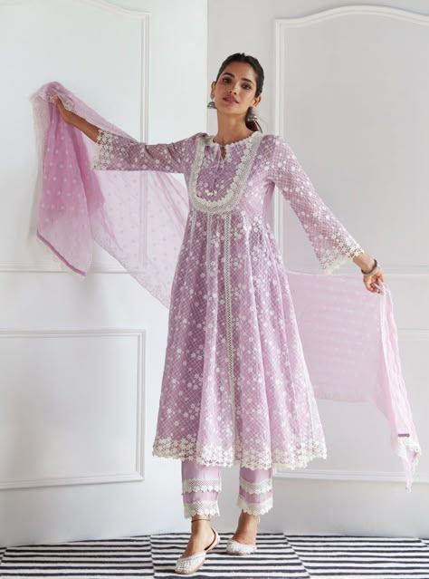 Lilac Anarkali, Lace Frocks, Lace Suit, Long Frock Designs, Indian Sari Dress, Lehenga Designs Simple, Embroidered Anarkali, Designer Kurti Patterns, Desi Fashion Casual