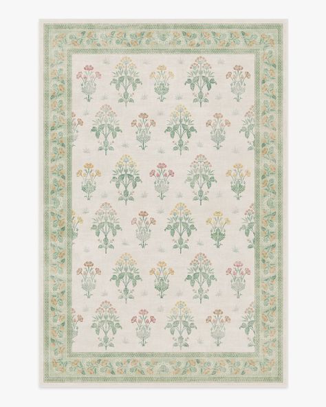 Morris & Co. Meadow Sweet Ivory & Green Rug | Ruggable Meadow Sweet, Kitchen Rugs Washable, Ruggable Rug, Fresh Color Palette, Green Nursery, Nursery Rug, Cozy Room Decor, Rug Stain, Green Area Rugs