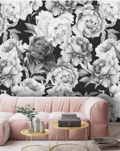 Peony Mural, Peel N Stick Wallpaper, Mural Nursery, Kitchen Basement, Basement Office, Peony Wallpaper, Watercolor Floral Pattern, Black And White Flowers, Mural Floral