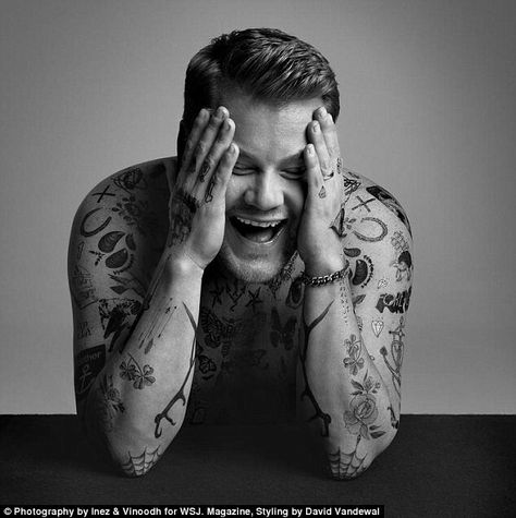 James Corden is Larry AF Harry Styles James Corden, James Cordon, Tattoo Photoshoot, Cover Photoshoot, Harry Styles Shirtless, Adele Weight, Rock Tattoo, Harry Styles Tattoos, Harry Styles Outfit