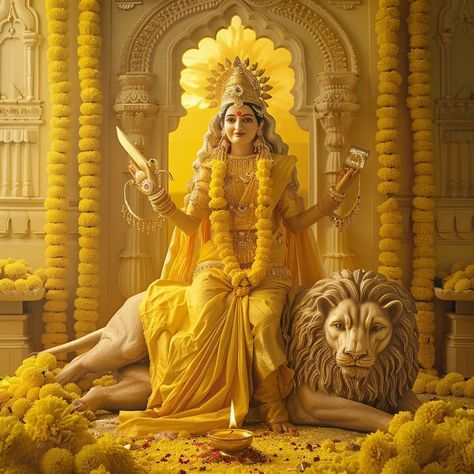 🔔✨ Day 3 of Chaitra Navratri: The Valor of Goddess Chandraghanta ✨🔔 On April 11th, 2024, we honor the formidable Goddess Chandraghanta, whose bell's chime banishes all fear and ushers in a wave of serene bravery. 🦁 #ChandraghantaPuja2024 🌼 Cloaked in vibrant yellow, this day symbolizes the bright energy of life and the essence of spiritual purity. Devotees enrobe in yellow, mirroring the optimism that Goddess Chandraghanta embodies. #NavratriYellowDay 🛕 From temples to homes, the air rever... Maa Chandraghanta Images, Chandraghanta Devi Images, Chandraghanta Devi, Goddess Chandraghanta, Maa Chandraghanta, Powerful Mantras, 7 Sisters, Chaitra Navratri, Indian Culture And Tradition