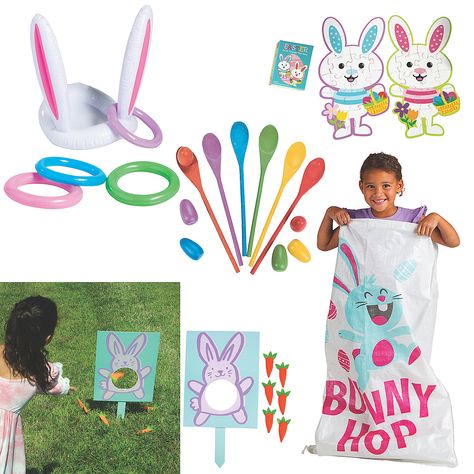 Easter Egg Hunt Game Kit - 27 Pc. - OrientalTrading.com Easter Egg Hunt Games, Egg Hunt Games, Game Stand, Wooden Easter Bunny, Easter Puzzles, Bunny Carrot, Scavenger Hunt Games, Ring Toss Game, Easter Bunny Ears