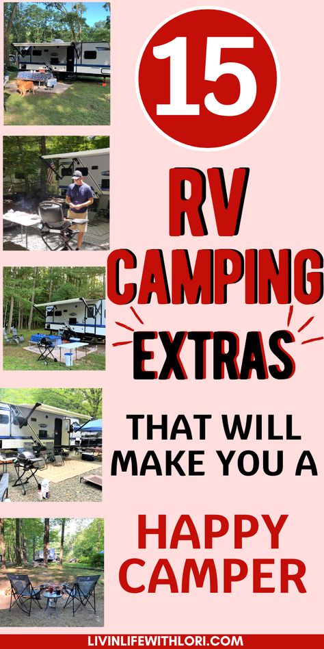 Here are RV Camping Extras that you will want to have for camping! These RV Camping Must Haves are perfect for every camper and will make you a Happy Camper at the campground! Camping Needs For Camper, Camping Trailer Outdoor Setup, Rv Camper Accessories, Rv Camping Must Haves, Camping Trailer Must Haves, Camping Rv Hacks, Camper Must Haves Camping Accessories, New Camper Must Haves, Vintage Camper Decorating Ideas