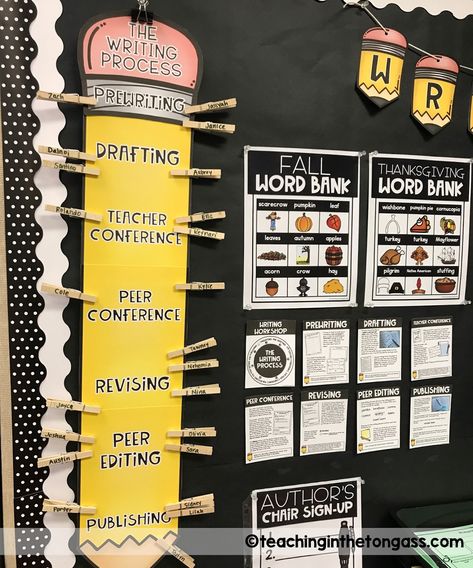 Wood Projects For Classroom, The Writing Process Bulletin Board, 3rd Grade Writing Bulletin Board Ideas, Writing Center 2nd Grade, Student Center Bulletin Board, Student Work Display Ideas, Writing Process Bulletin Board, Decorated Classrooms, Writing Process Activities