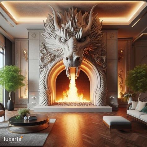 Dragon Fireplaces 🐲🔥🏰 #DragonBlaze #FantasyHearth #MedievalWarmth Transform your living space into a realm of fantasy with Dragon Fireplaces. These majestic hearths feature intricately designed dragon motifs, adding a touch of mythical charm to your home. Elevate your cozy evenings with Dragon Fireplaces, where every flicker of flame brings the magic of ancient legends to life. 🏰🌌🔥 Unusual Fireplaces, Dragon Fireplace, Magical Bedroom Ideas, Halloween Themed Bedroom, Castle House Design, Dragon Ornament, Fantasy Furniture, Dragon House, School Hallways