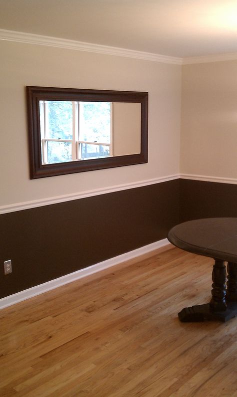 two toned color with dark brown trim in bathroom | Ben George Painting make your space beautiful Brown Walls Living Room, Living Room Wall Color, Room Wall Colors, Dining Room Paint, Living Room Color Schemes, Room Paint Colors, Room Color Schemes, Brown Walls, Brown Living Room