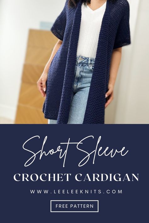 Short Sleeve Crochet Cardigan Pattern - Leelee Knits Short Sleeve Crochet Cardigan, Pola Sweater, Crochet Kimono Cardigan, Crocheted Sweaters, Crochet Cardigan Free, Crochet Wearables, Crochet Kimono, Short Sleeve Sweater Cardigan, Crochet Shrug Pattern