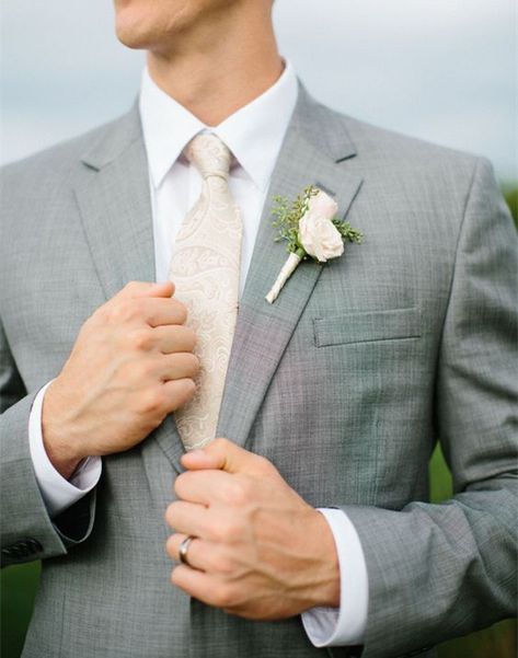 groom with champagne paisley necktie #weddinggroom #groomsmen #champagne tie Light Grey Suit Men, Elegant Blush Wedding, Champagne Wedding Gown, Boutineer Wedding, Grooms Boutonniere, Champagne Tie, Wedding Stand, Disneyland Wedding, Mums Wedding