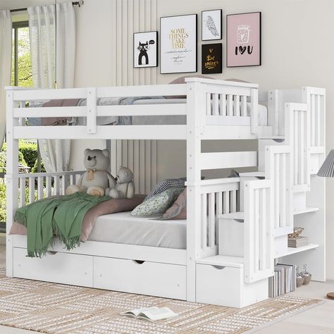 Bunk Bed Shelf Ideas, Bunk Bed Storage Ideas, Full Over Full Bunk Beds, Unique Bunk Beds, Beds With Stairs, Bunk Bed Shelf, Bunk Beds For Girls Room, Stairway Bunk Beds, Full Size Bunk Beds