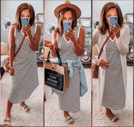 The Perfect Striped Midi Dress | Beverly Ennis Hoyle Striped Midi Dress Outfit, Beverly Ennis Hoyle, Midi Dress Outfit, B And B, Tail Dress, Midi Dress Style, V Neck Midi Dress, Shirt Dress Style, Striped Midi Dress