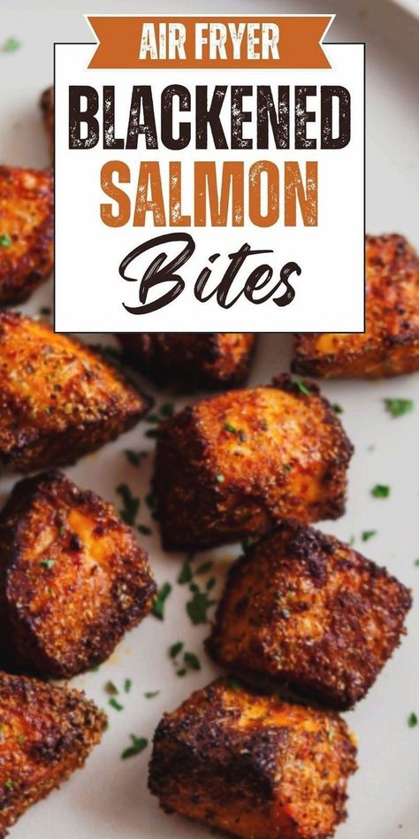 This quick and easy recipe for healthy Air Fryer Blackened Salmon Bites features tender, bite-sized pieces of salmon flavored with a bold and zesty blackened seasoning cooked up in your air fryer or Ninja Foodi in just 10 minutes or less! Use in salmon tacos, kabobs, salad, or rice bowls! Blackened Salmon Bites, Salmon Bites Air Fryer, Blackened Salmon Recipes, Mini Sliders, Air Fryer Salmon, Healthy Air Fryer, Salmon Bites, Salmon Tacos, Blackened Seasoning