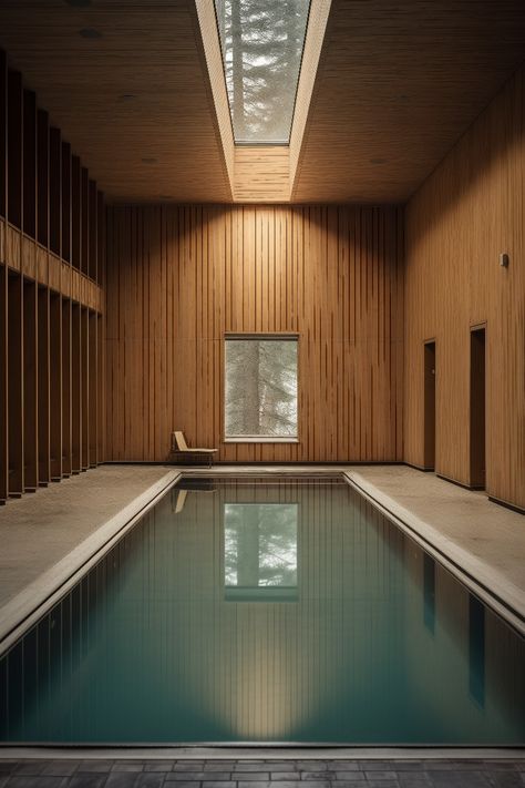 This indoor swimming pool has the vibe only seventies architecture has. The natural materials of wood paneling and stone floor combined with innovative window placement give a luxurious feeling to the space. No lights are needed at daytime, when natural light comes from the windows. The designer beach chair gives the final touch to the space. Private Swimming Pool Indoor, Seventies Architecture, Window Placement, Dreamscape Architecture, Private Swimming Pool, Indoor Swimming Pool, Indoor Outdoor Pool, Stone Floor, Indoor Swimming