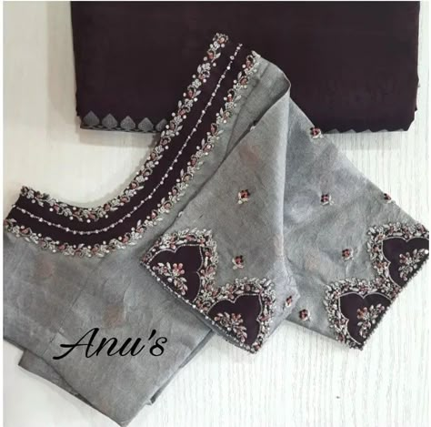 Grey Colour Blouse Maggam Work, Grey Blouse Designs For Saree, Grey Blouse Designs, Blouse Designs Aari Work, Maggam Blouses, Blouse Maggam Work, Maggam Work Blouse, Blouse Designs Catalogue, Best Blouse Designs