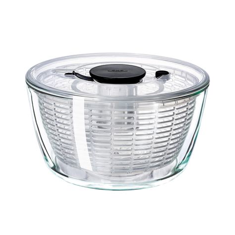 Spin your way to fresh, clean and dry salad greens with this salad spinner from OXO. The durable borosilicate glass bowl doubles as storage for your washed greens or a serving bowl for your salad, which means you can wash, dry and serve in the one container. Features a one-handed pump that easily depresses for maximum drying and minimal effort. The removable spinner also doubles as a colander. The storage lock holds the pump flush with the lid for easy stacking and storing when not in use, and t Salad Chopper Bowl, Storing Lettuce, Salad Spinner, Clear Bowls, Designer Pumps, Clean Dishwasher, Baby Organization, Compact Storage, Green Cleaning