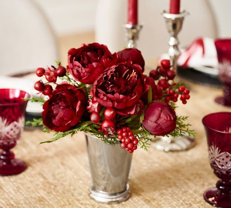 Christmas Faux Flower Arrangements, Wine Red Christmas Decor, Basement Update, Holiday Flower Arrangements, Faux Christmas, Red Peony, Christmas Wreaths & Garlands, Holiday 2024, Christmas Floral Arrangements