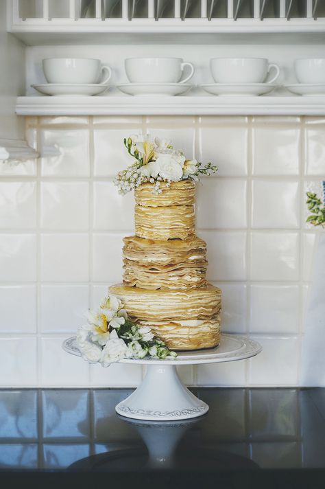 Hand Painted Wedding Cake, Alternative Wedding Cakes, Painted Wedding Cake, Pancake Cake, Wedding Cake Alternatives, Classic Wedding Cake, Wedding Cake Recipe, Crepe Cake, Tiered Cake