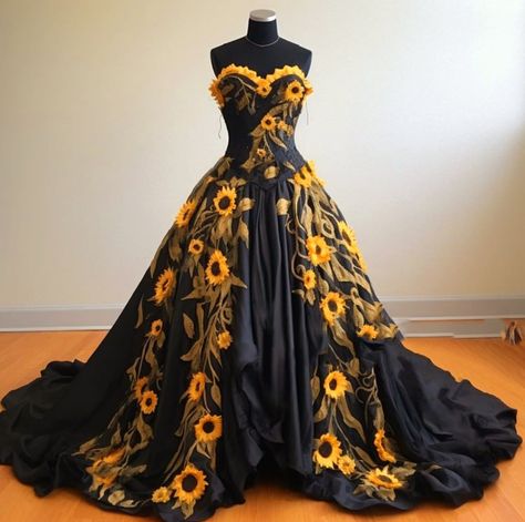 Sunflower Quinceanera Dress, Prom Dresses Sunflower, Sunflower Prom Dress, Black And Yellow Wedding Dress, Sunflower Quince Dress, Sunflower Wedding Dress The Bride, Sunflower Dresses, Sunflower 15 Dress, Black Dress With Flowers