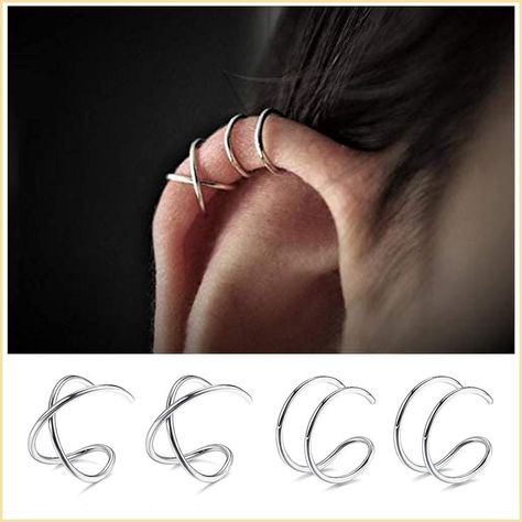 4Pcs Sterling Silver Ear Cuff Simple Criss Cross Double Lines Ear Cuffs Non Piercing Minimalist fake Helix Earcuff Cartilage Earring Hot Necklaces, Minimalist Ear Cuff, Helix Ear, Silver Ear Cuff, White Pearl Necklace, Estilo Punk, Ear Cuffs, Cartilage Earrings, Cuff Earrings