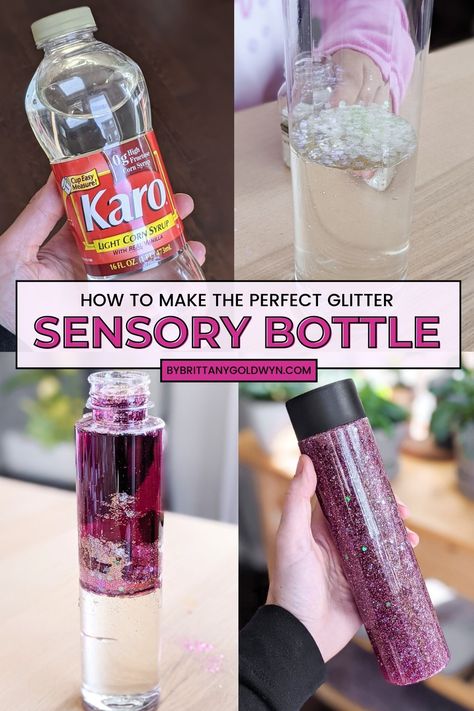 The perfect recipe for how to make a glitter sensory bottle! Glitter Bottle Diy, Diy Sensory Bottles, Glitter Jars Diy, Sparkle Bottle, Glitter Sensory Bottles, Calming Jar, Fun Toddler Activities, Diy Sensory Toys, Glitter Bottles