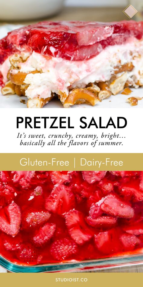 Salad Recipes Gluten Free, Gluten Free Dairy Free Dessert, Dairy Free Recipes Dinner, Southern Summer, Strawberry Pretzel Salad, Pretzel Salad, Easy Gluten Free Desserts, Gluten Free Desserts Recipes, Gluten Free Sweets