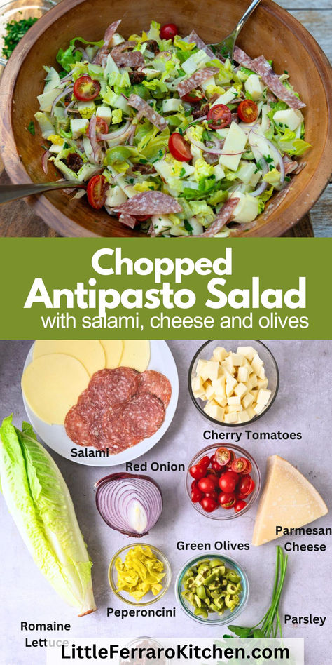 This vibrant Chopped Antipasto Salad is full of crisp romaine, cherry tomatoes, salami, and cheese and dressed with a tangy Parmesan vinaigrette. Perfect for any gathering! Anti Pasta Salad Antipasto, Chopped Antipasto Salad, Antipasta Salads, Salami Salad, Italian Antipasto Salad, Salami And Cheese, Italian Antipasto, Antipasto Salad, Italian Salad